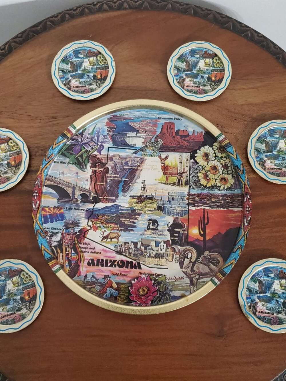 Vintage Arizona Metal Souvenir Serving Tray 1960 with 6 Arizona Coaster Ken Haag